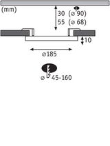 Technical drawing showing dimensions of round recessed spotlight with 185 mm diameter and 10 mm depth.