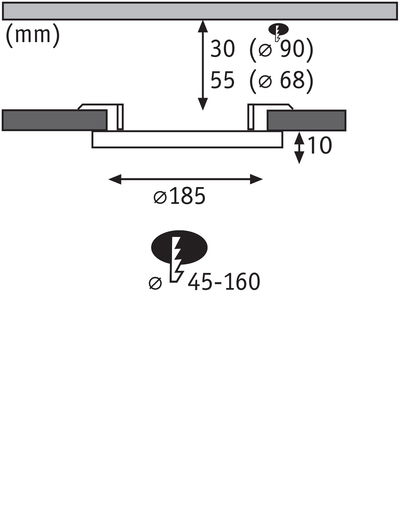 Technical drawing showing dimensions of round recessed spotlight with 185 mm diameter and 10 mm depth.