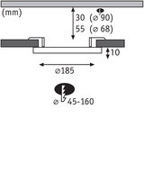 Technical drawing showing dimensions of round recessed spotlight with 185 mm diameter and 10 mm depth.