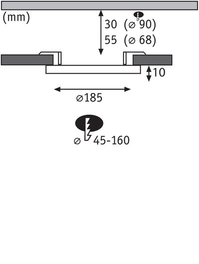 Technical drawing showing dimensions of round recessed spotlight with 185 mm diameter and 10 mm depth.