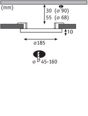 Technische Zeichnung mit Maßen für Einbauleuchte Ø185 mm, Einbautiefe 55 mm, Ausschnitt Ø68 mm
