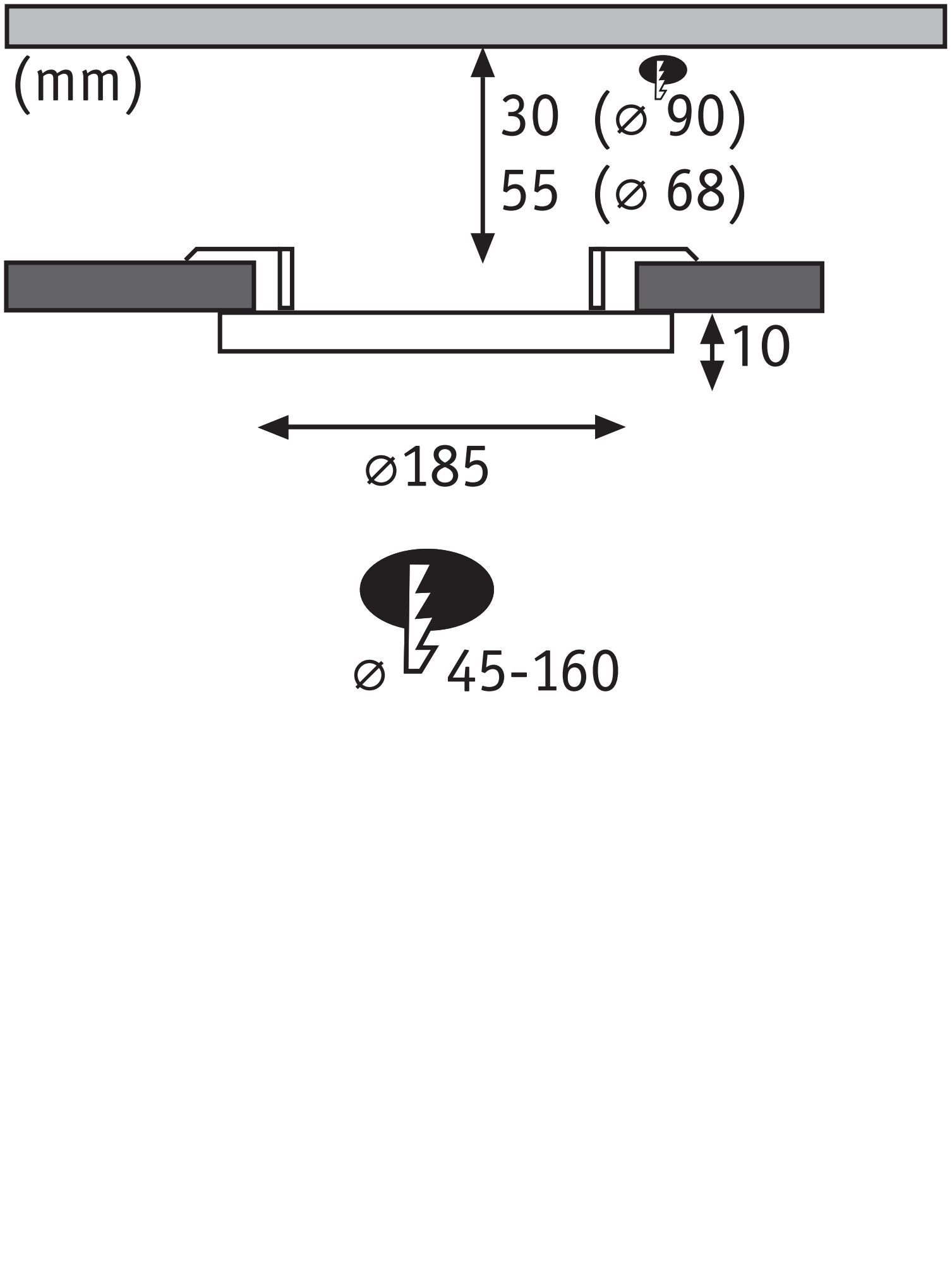 Technische Zeichnung mit Maßen für Einbauleuchte Ø185 mm, Einbautiefe 55 mm, Ausschnitt Ø68 mm
