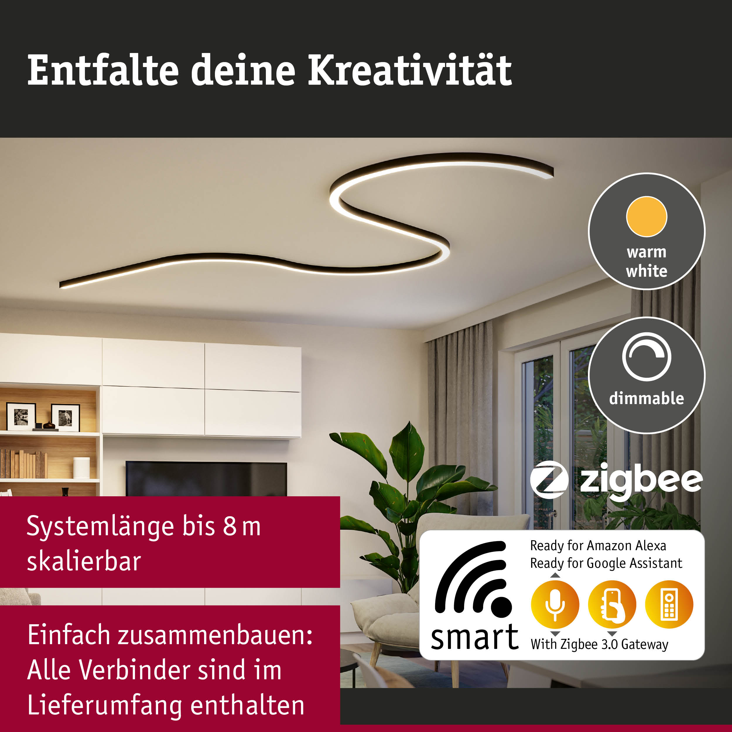 Moderne dimmbare LED-Deckenleuchte in warmweiß mit Zigbee Smart Home Steuerung