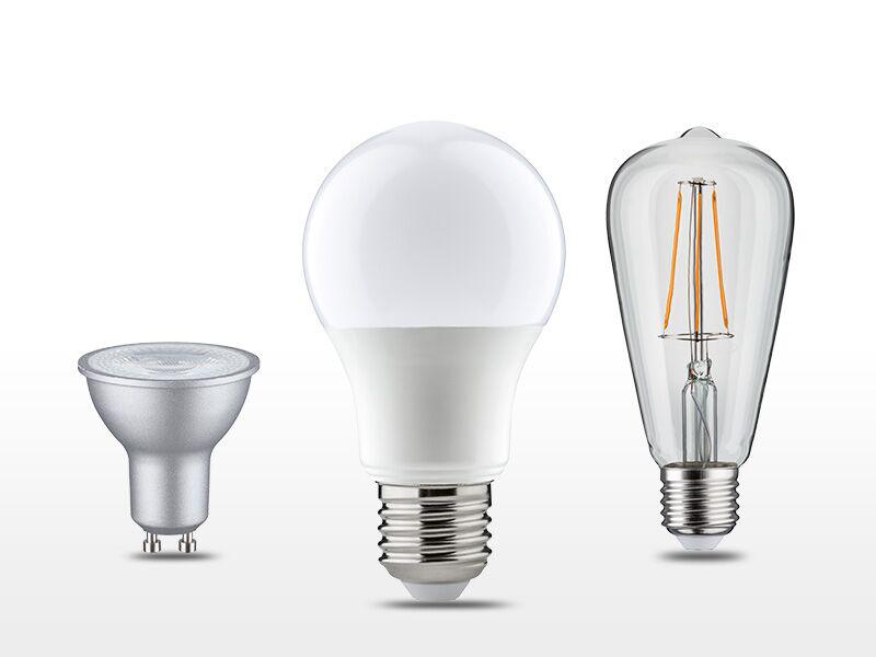 Drei LED-Leuchtmittel in verschiedenen Formen und transparentem oder weißem Material für 230V Beleuchtung