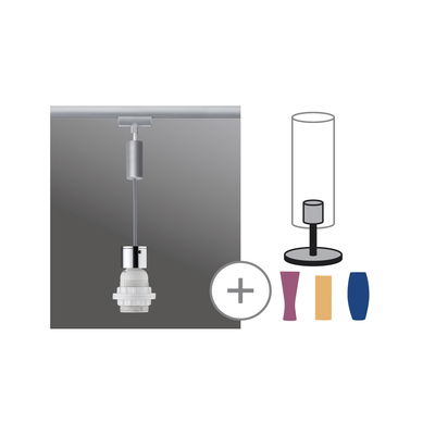 Modulair railsysteem met zilveren fitting en gekleurde lampenkappen voor aanpasbare LED-verlichting