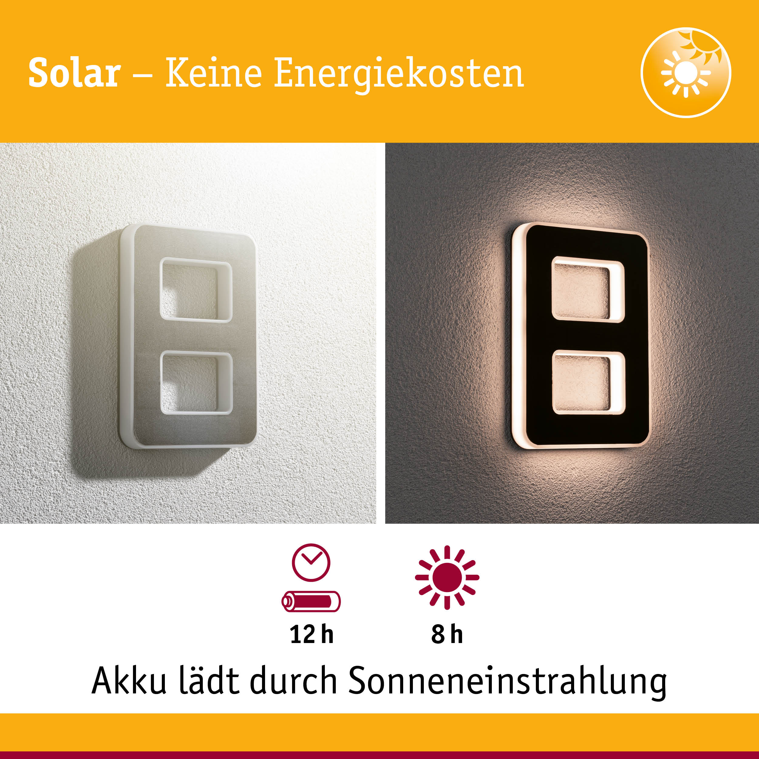 Solarbetriebene Wandlampe in Weiß und Schwarz mit LED-Beleuchtung und Energiesparfunktion