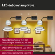 Witte LED-inbouwlamp Nova met 45 mm inbouwdiepte en verwisselbare LED-coin voor directe 230 V aansluiting