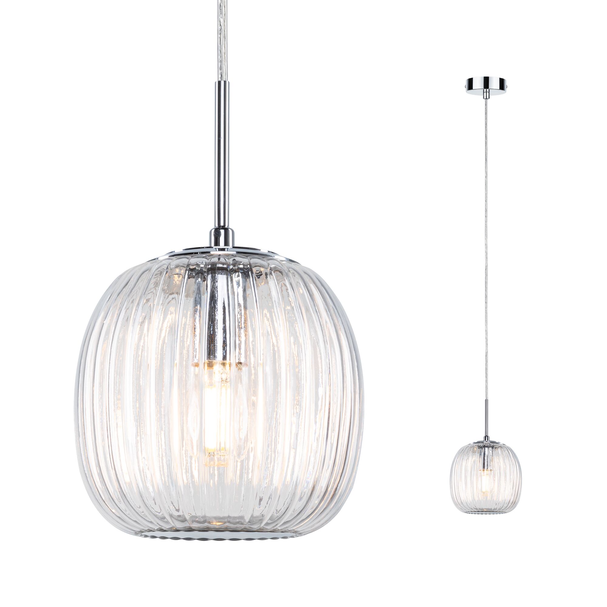 LED Pendelleuchte Ruya E14 max. 20W Glas/Chrom Hängelampe mit geripptem transparentem Glas und verchromtem Metall für moderne Wohnräume