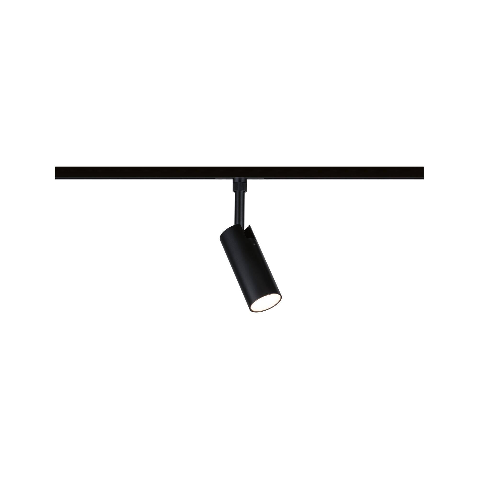 Schwarzer LED-Spot aus Metall an Schienensystem, dimmbares Wohnraumlicht mit modernem Design