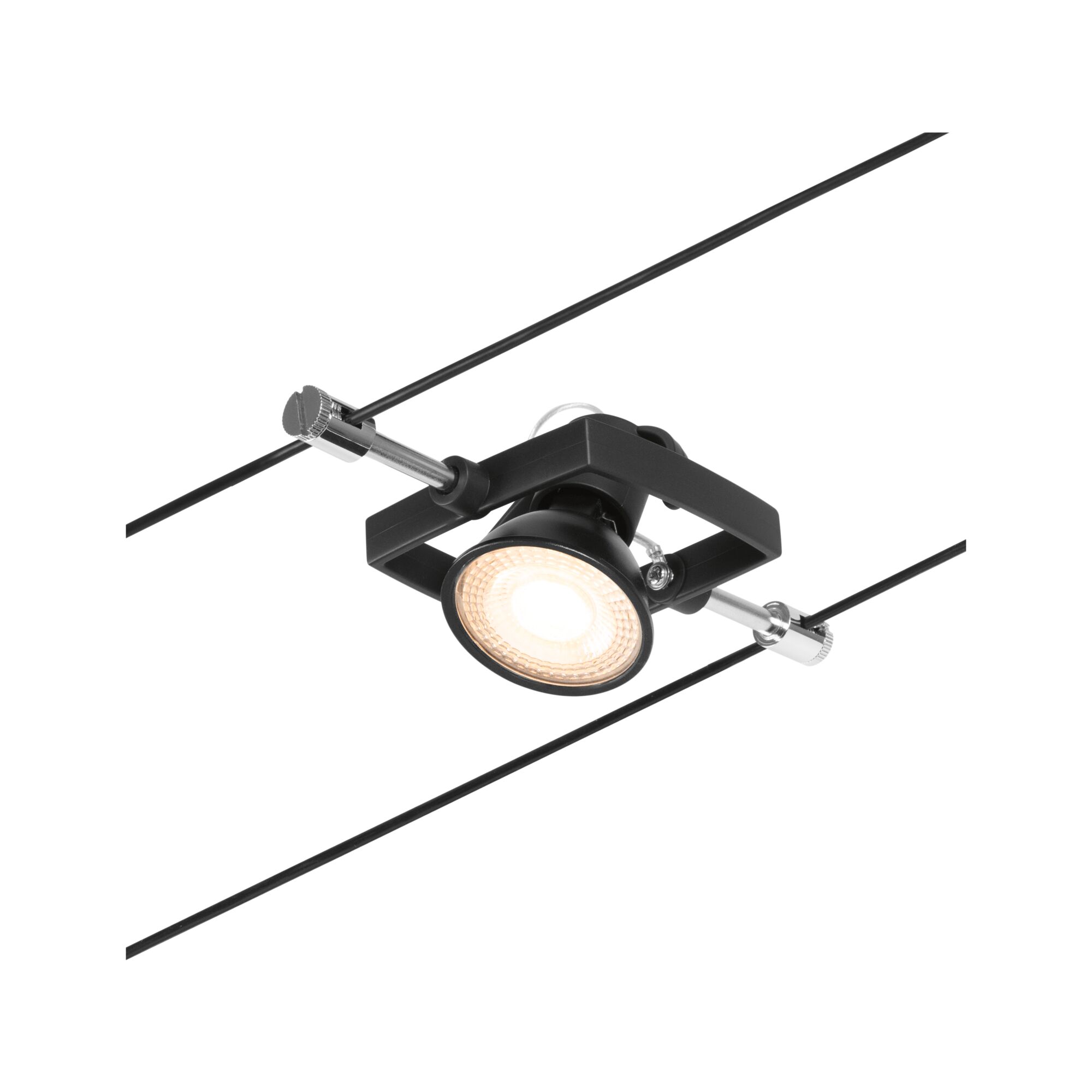 Schwarze LED-Seilstrahlerleuchte mit verstellbarem Spot und Metallhalterung für moderne Beleuchtung