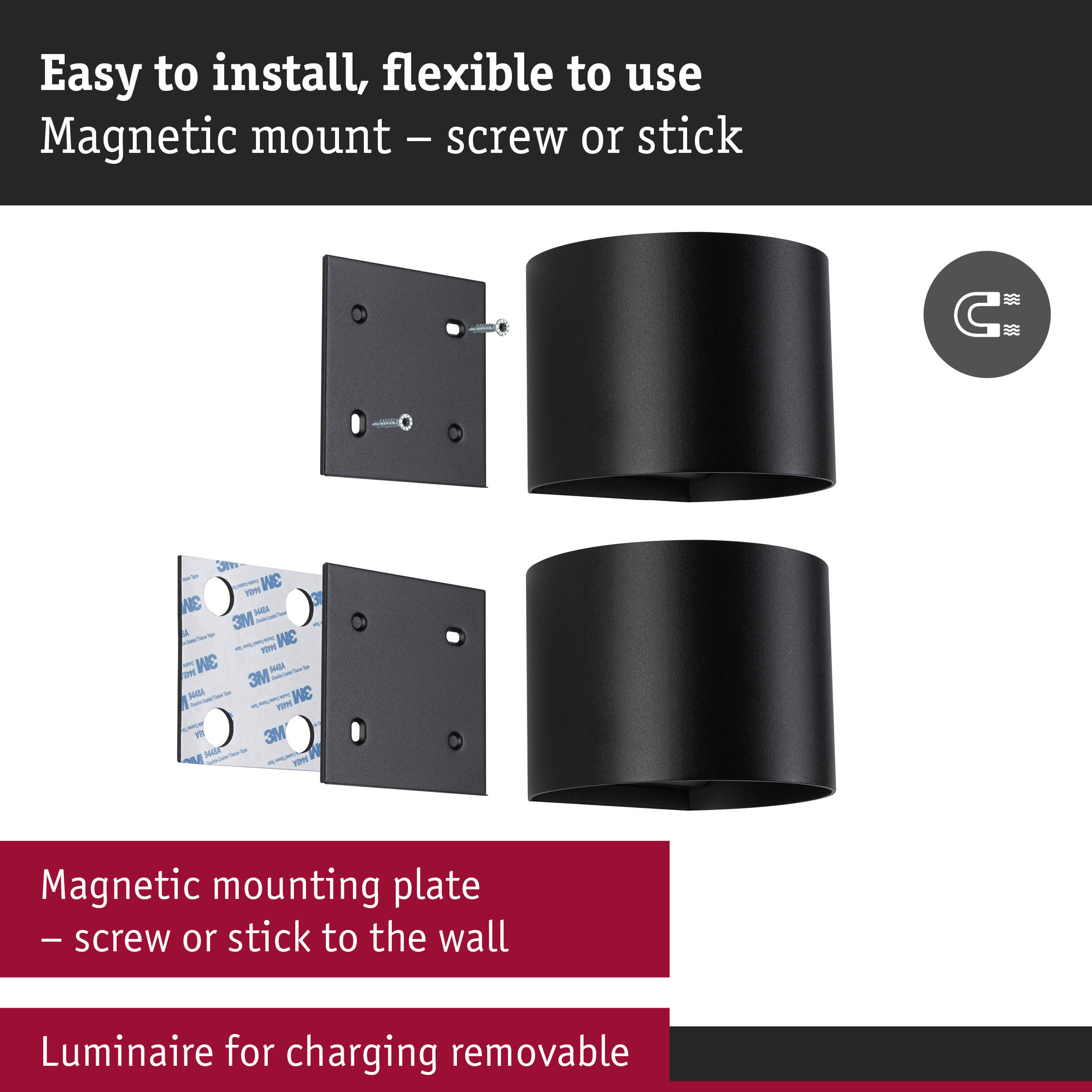 Black magnetic metal mounting plate with screws and adhesive tape for flexible wall installation