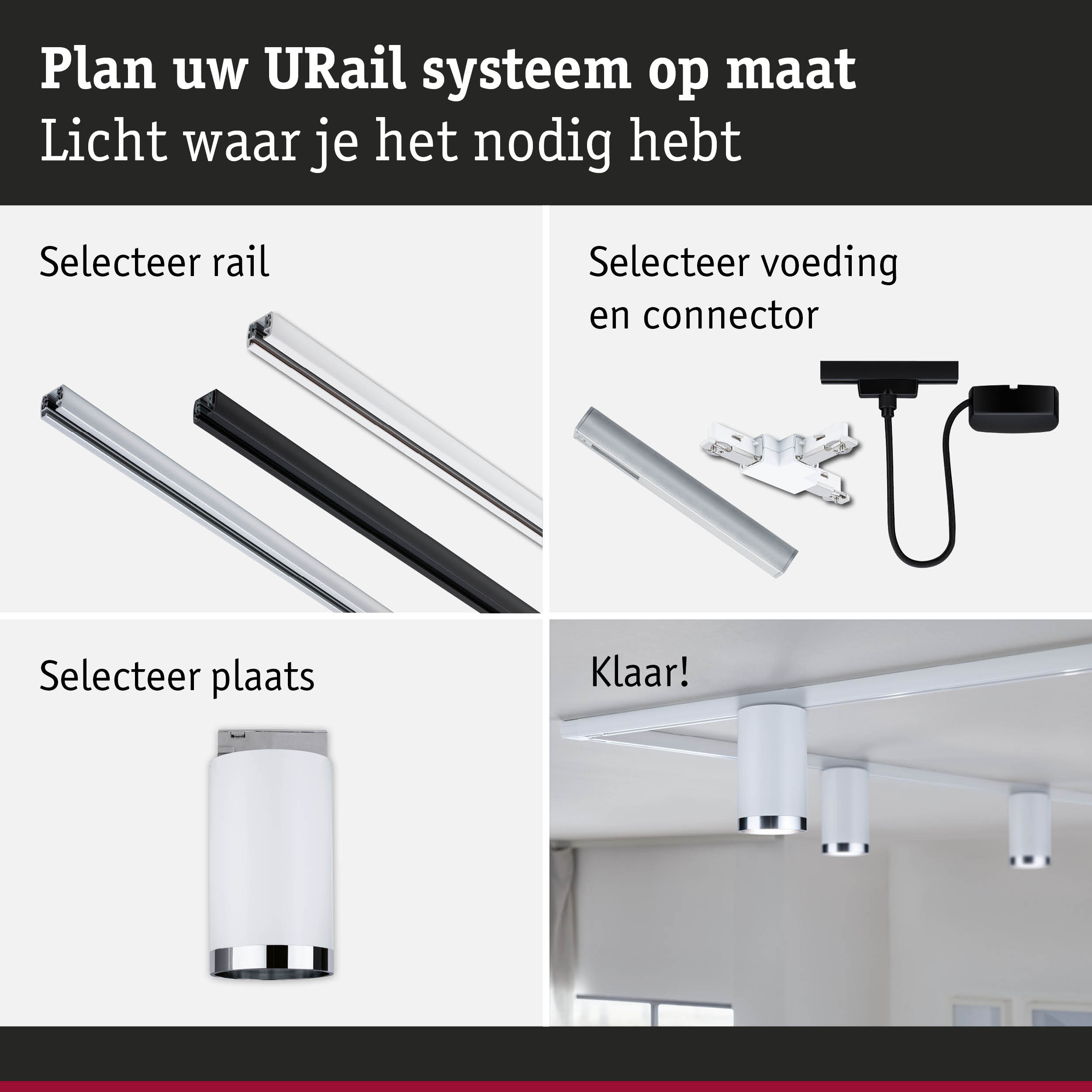 Modulair URail railsysteem met witte en zwarte rails, connectoren en LED-spotlights voor flexibele verlichting