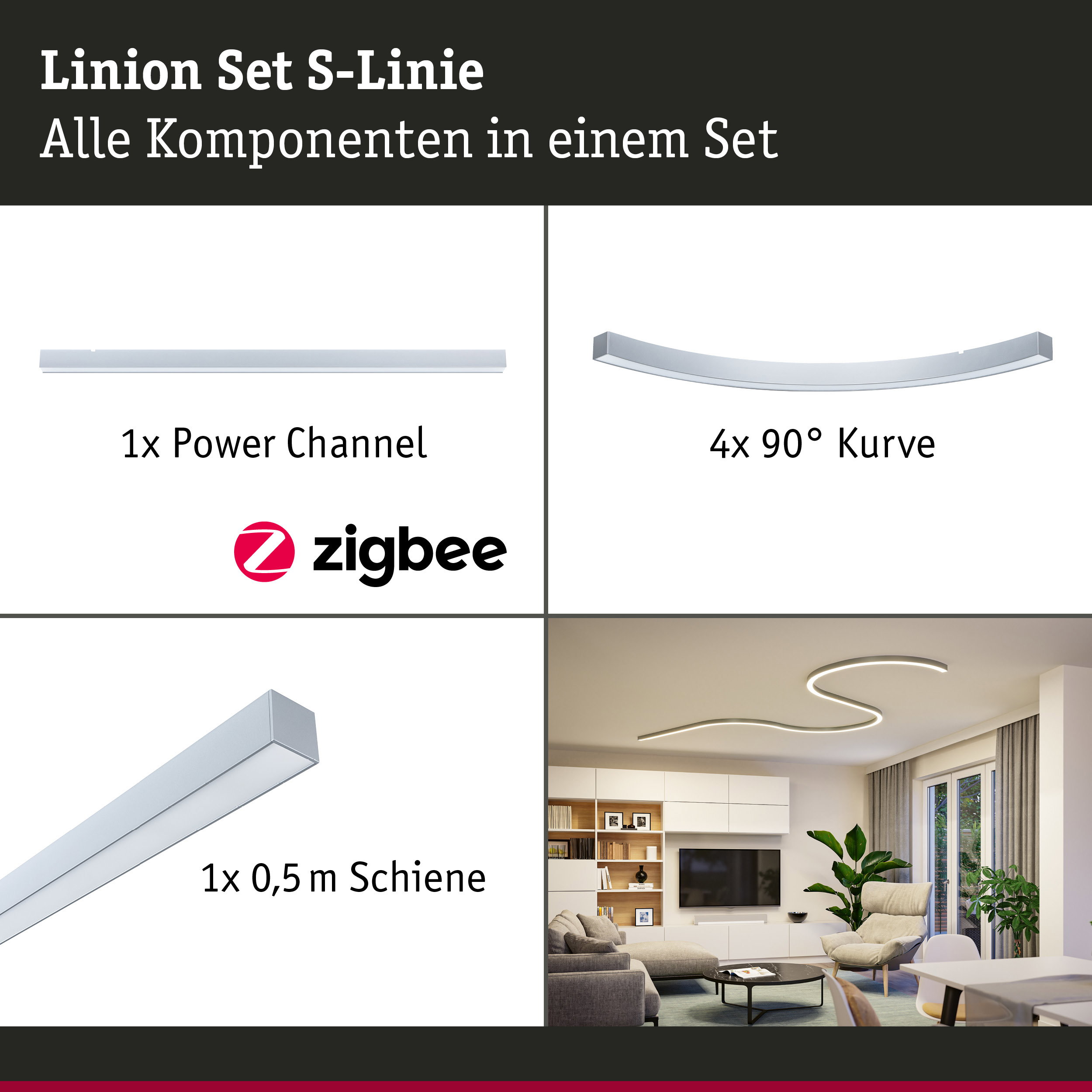 Linion Lichtkanal Smart Home Zigbee 3.0 S-Form Komplettset 230/24V W 3000K Chrom matt
