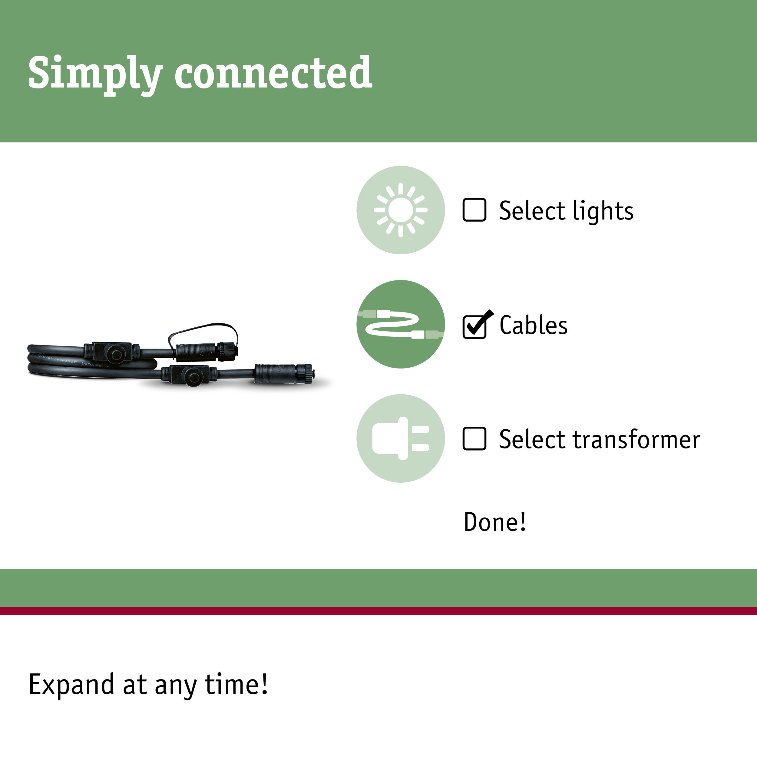 Black connection cable with plugs for lighting systems, easy cable setup and installation
