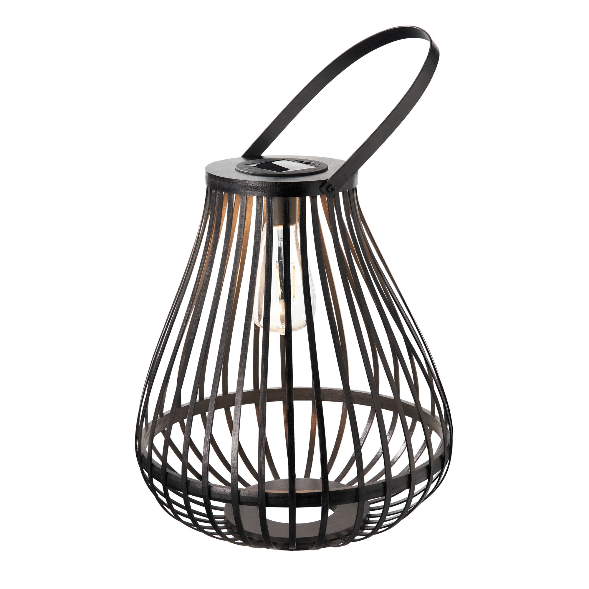Black metal lantern with handle and visible bulb, decorative LED outdoor lighting