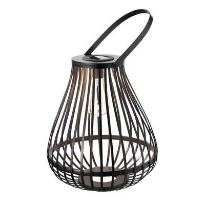Black metal lantern with handle and visible bulb, decorative LED outdoor lighting