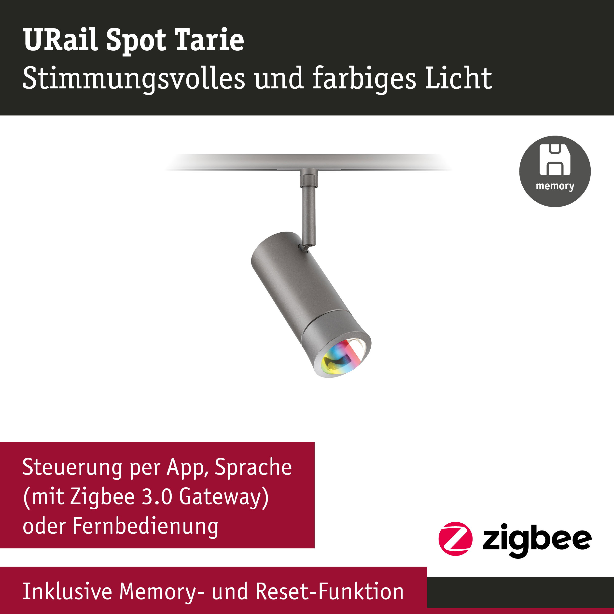 URail Spot Smart Home Zigbee 3.0 Tarie RGBW 230lm 4,5W RGBW+ dimmbar 230V Titanium