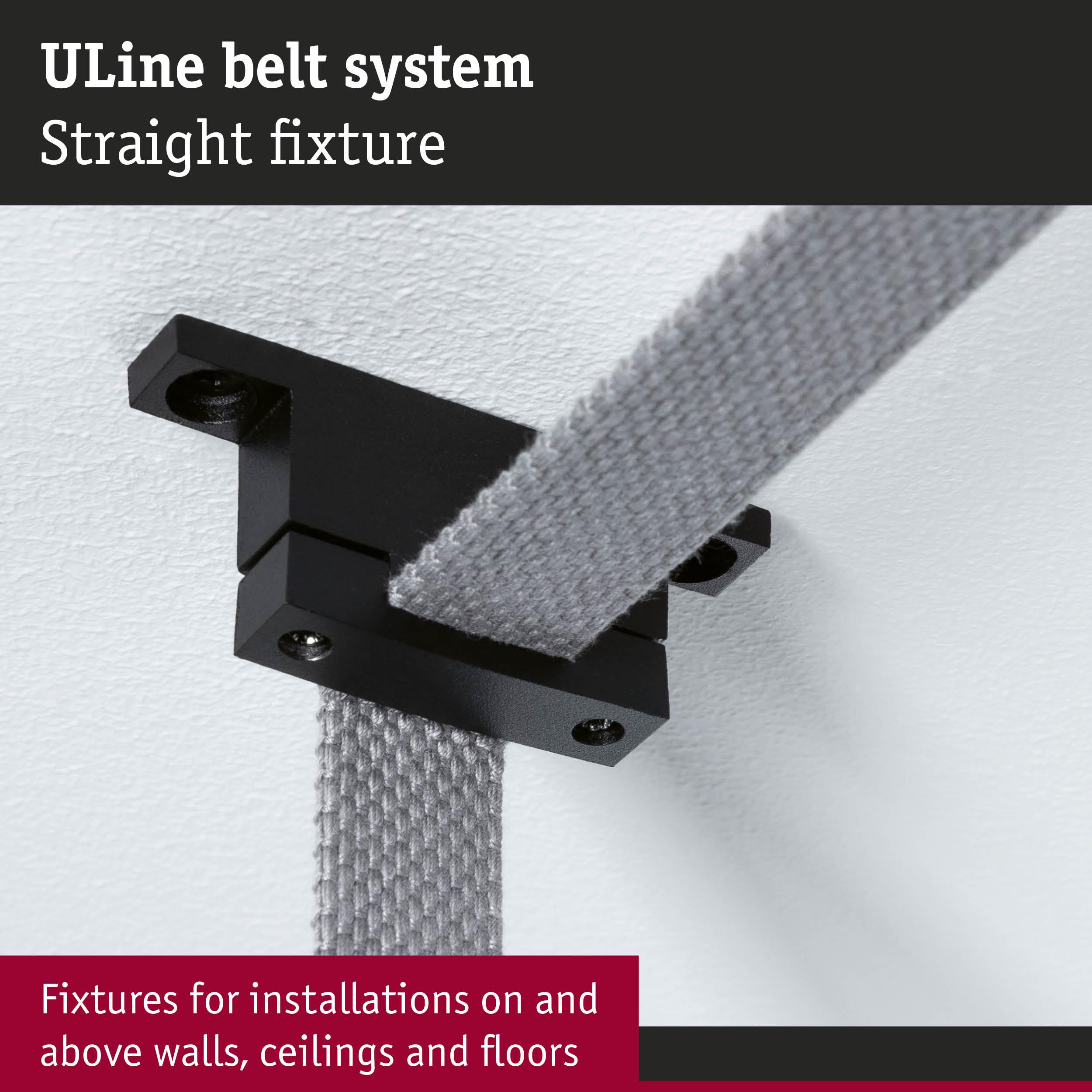 Black ULine Belt System wall fixture with grey fabric belt for versatile mounting options