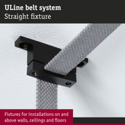 Black metal ULine belt fixture with grey textile strap mounted on white wall for lighting system