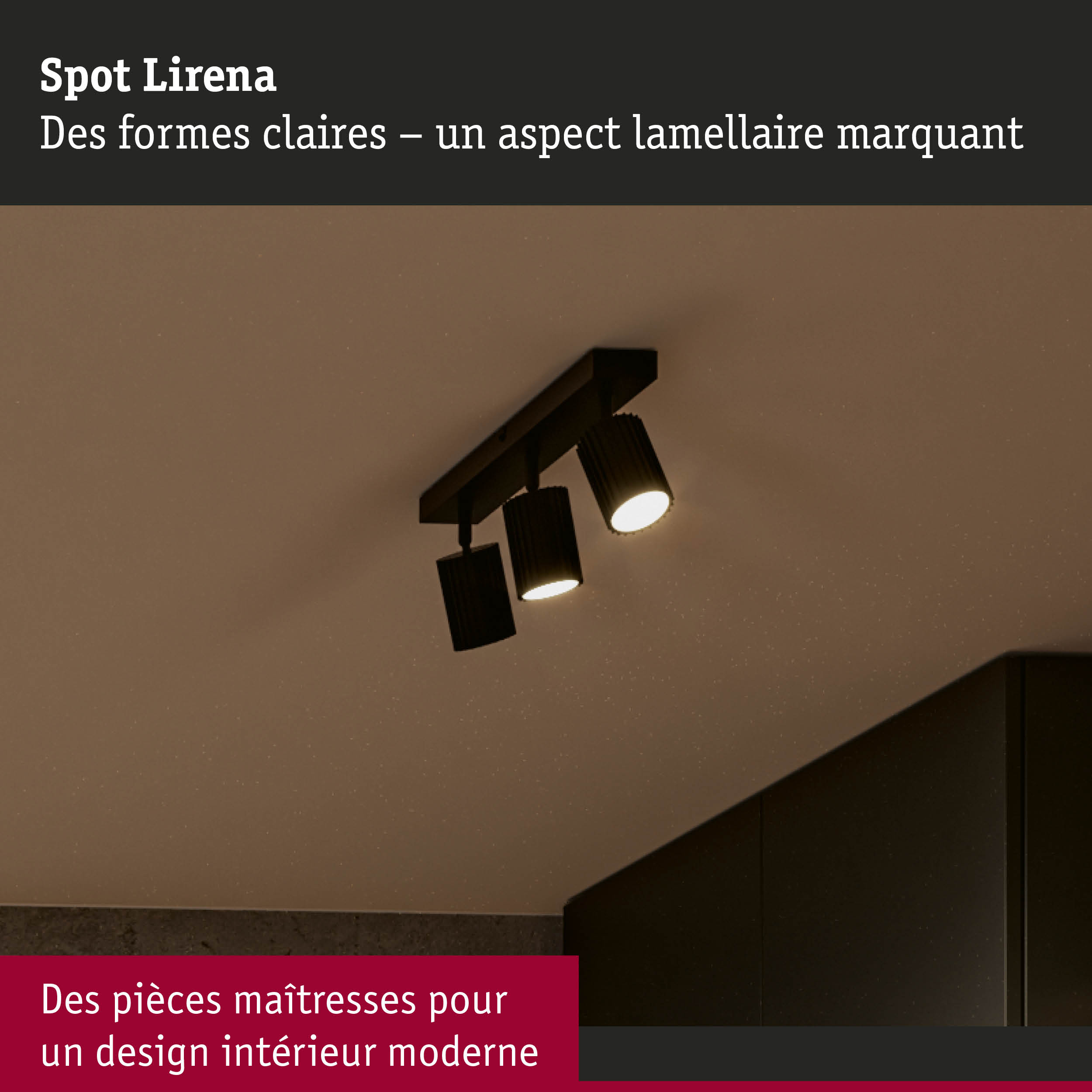 Spot Lirena noir avec trois projecteurs réglables pour un design intérieur moderne