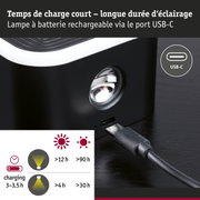 Lampe rechargeable noire avec port USB-C, charge rapide 3-3,5 h et longue durée d'éclairage