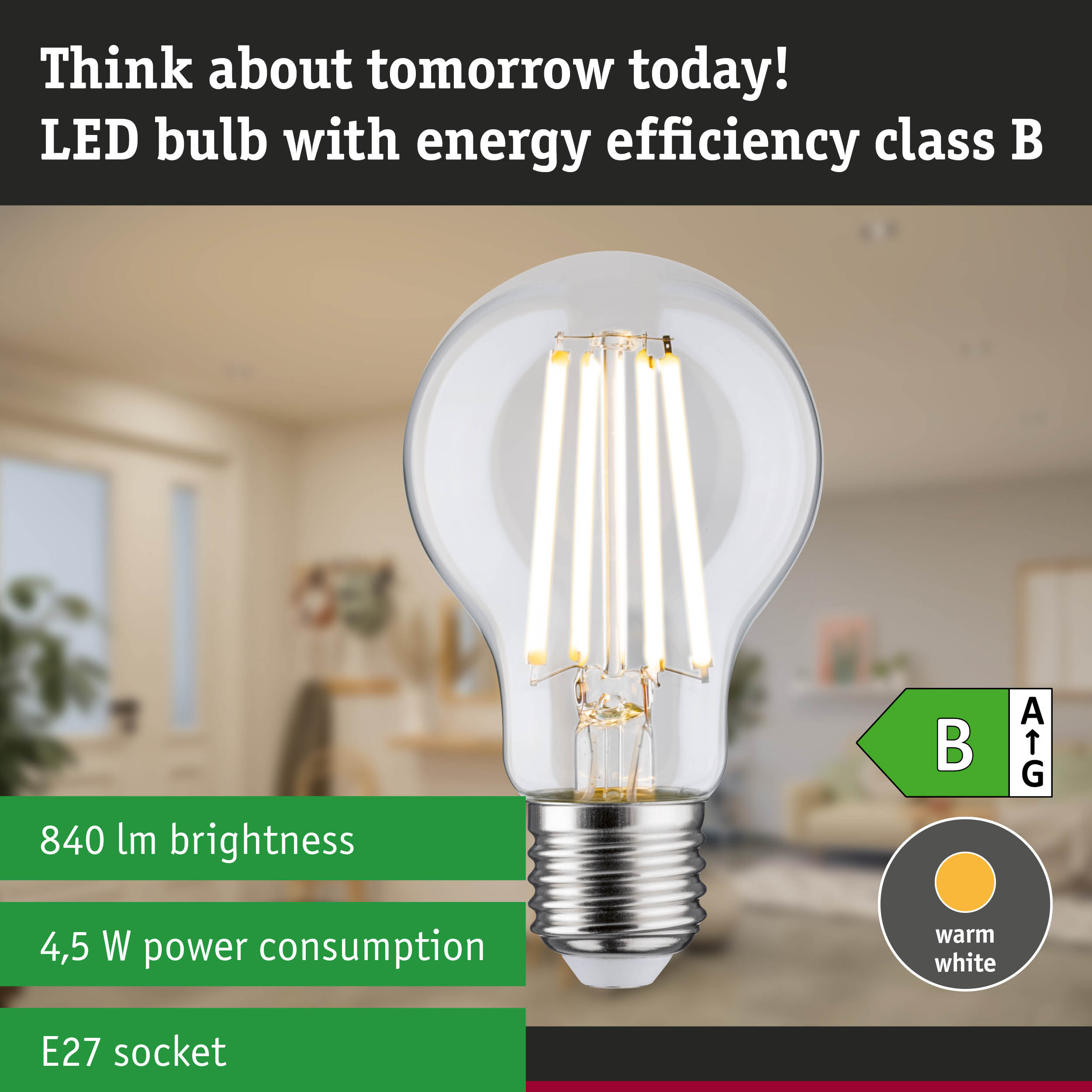 LED light bulb with warm white glow and ultra-efficient energy use against green forest background