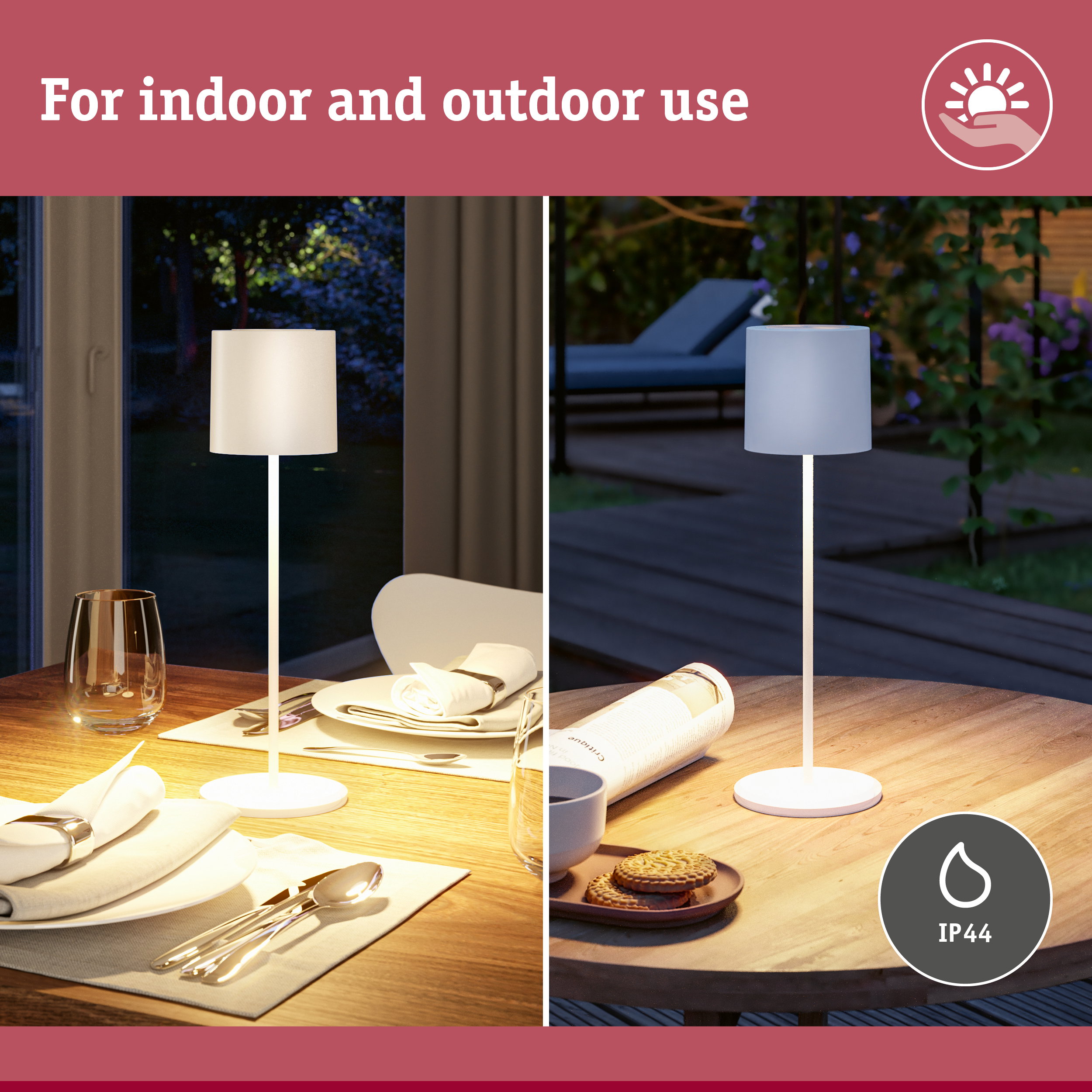White table lamp with simple design for indoor and outdoor use featuring IP44 protection