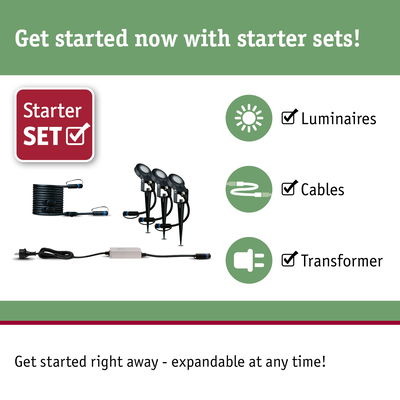 Starter set with black LED luminaires, cables, and transformer for expandable outdoor lighting