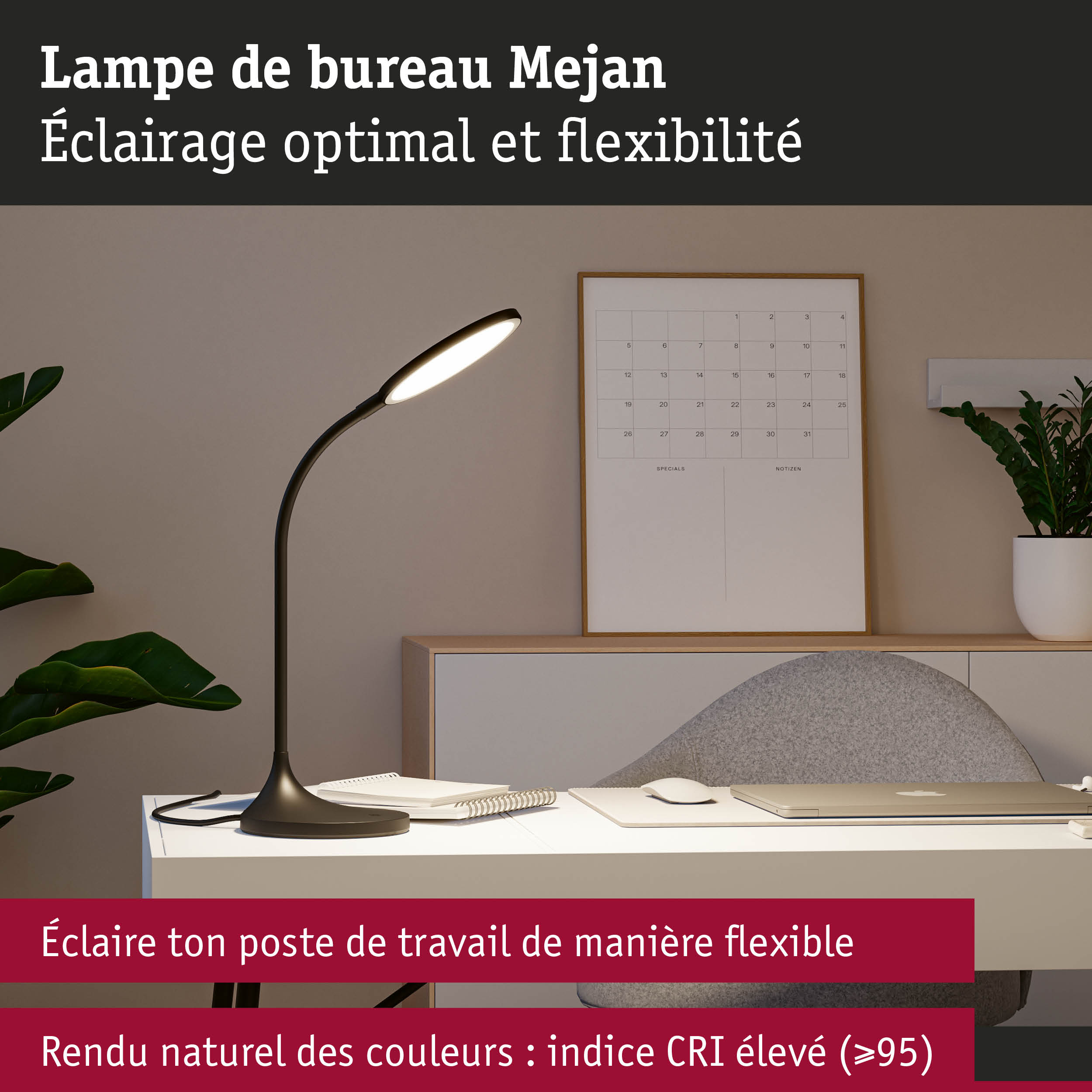Lampe de bureau Mejan noire avec col flexible pour un éclairage optimal et rendu naturel des couleurs