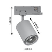 Grauer LED-Strahler aus Metall mit 78 mm Durchmesser und 142 mm Höhe, technische Zeichnung mit Maßen