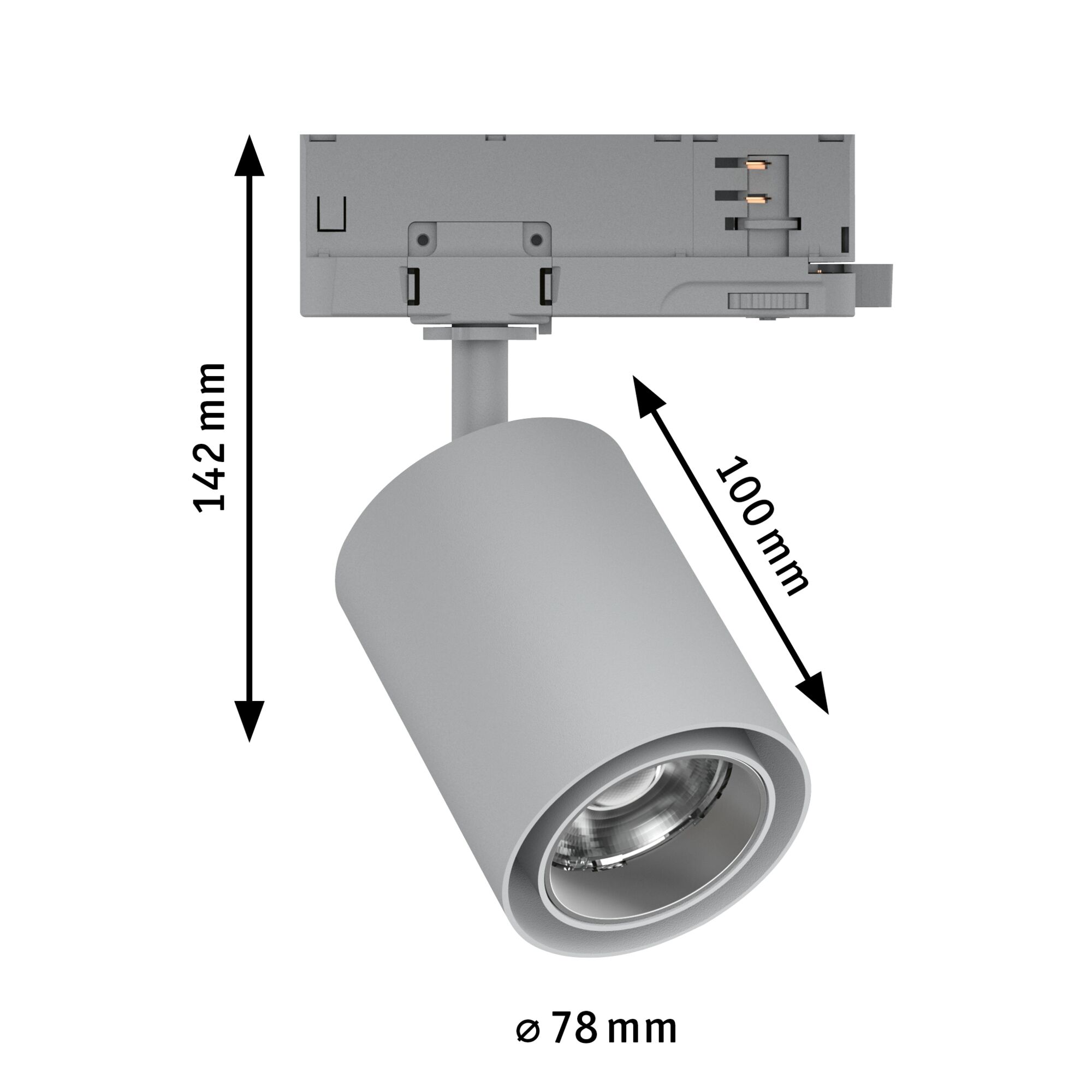 Grauer LED-Strahler aus Metall mit 78 mm Durchmesser und 142 mm Höhe, technische Zeichnung mit Maßen