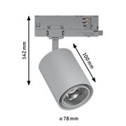 Grauer LED-Strahler aus Metall mit 78 mm Durchmesser und 142 mm Höhe, technische Zeichnung mit Maßen