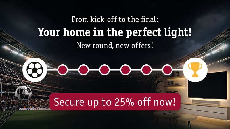 Promotion showing football stadium and living room lighting with up to 25% discount on lighting