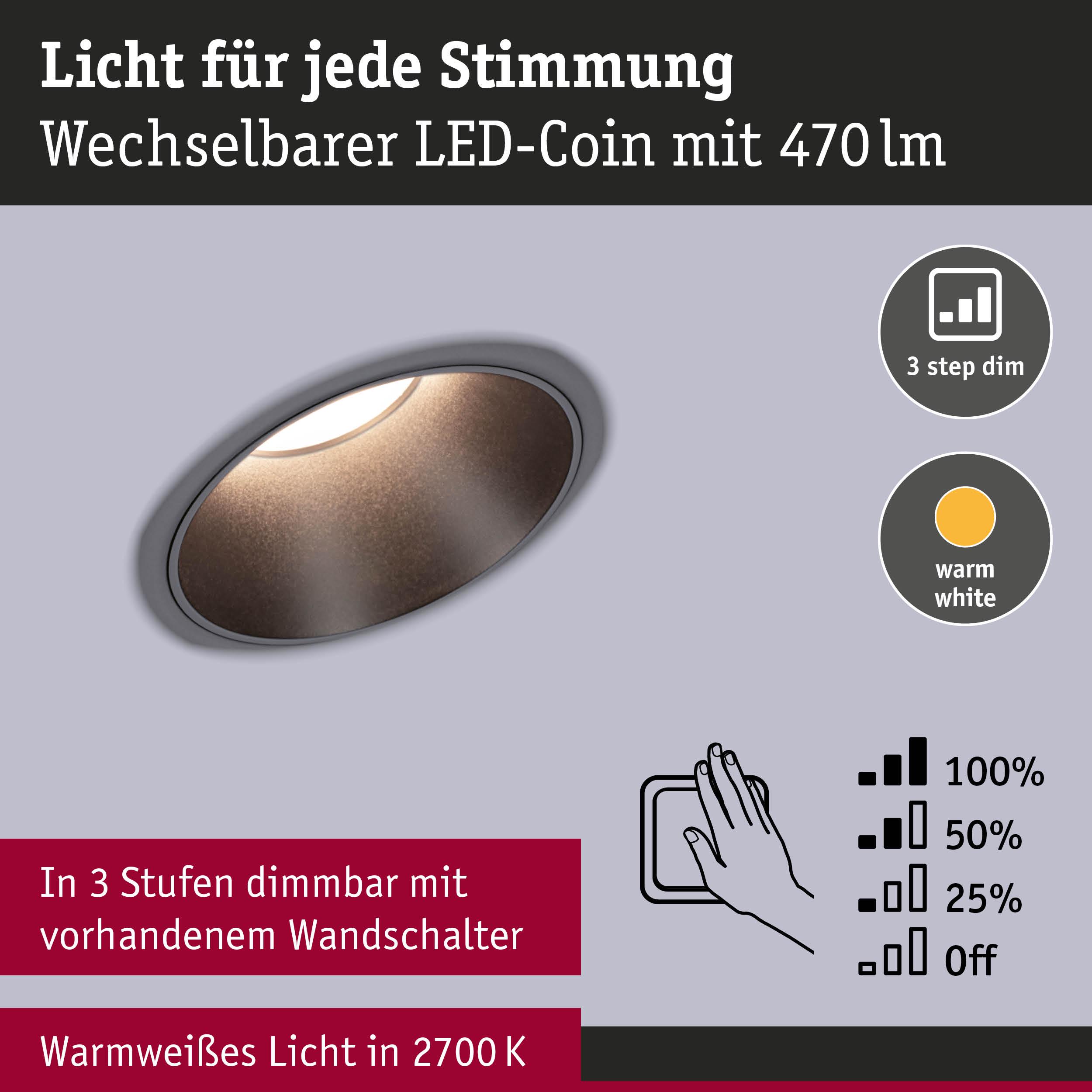 LED-Einbaustrahler mit warmweißem Licht 2700K und 3-stufiger Dimmfunktion für Wandlichtsteuerung
