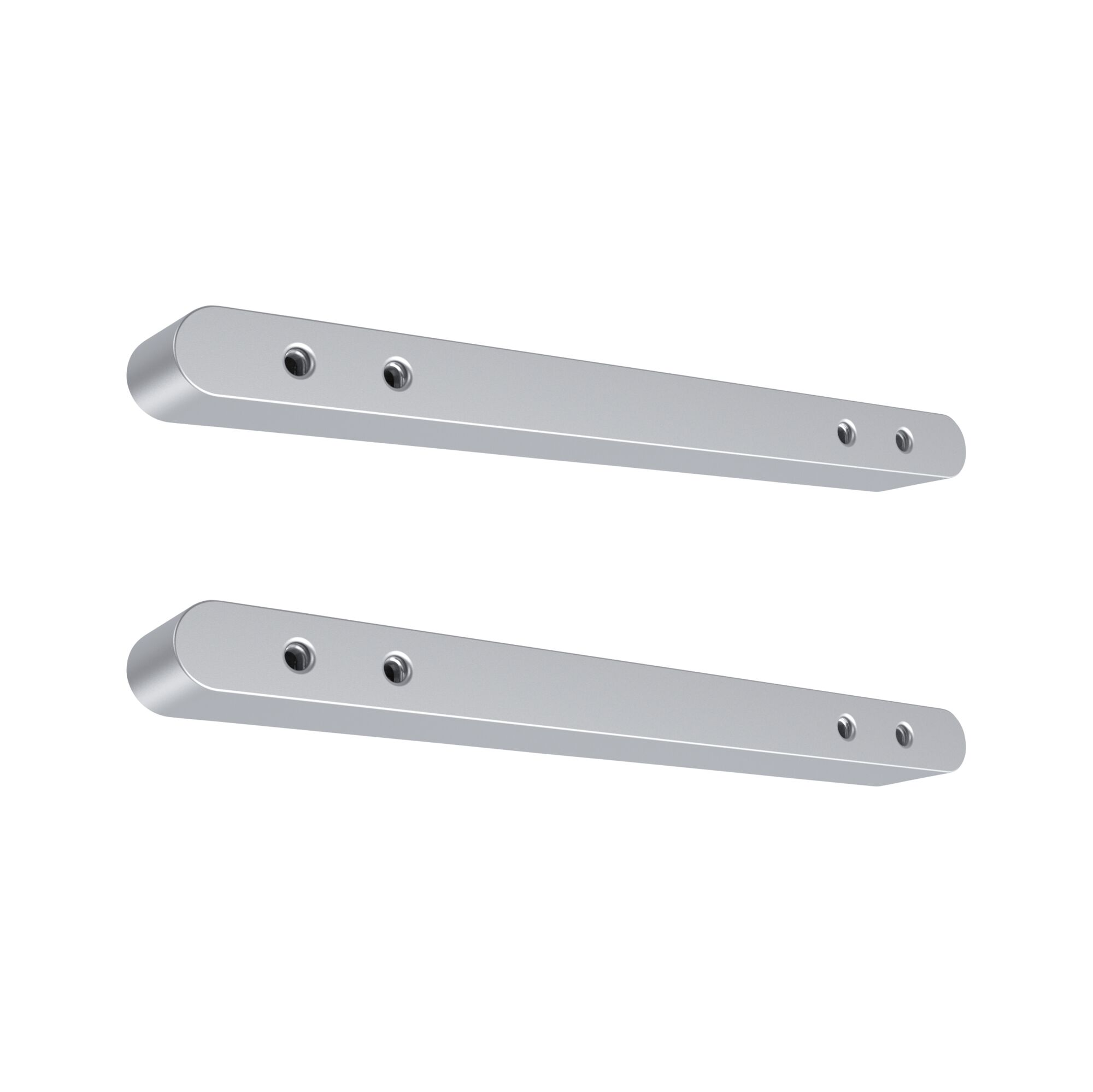 Twee zilverkleurige aluminium wandsteunen met afgeronde hoeken en schroefgaten voor LED-verlichting.