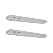 Zwei silberne Aluminium-Wandhalterungen mit abgerundeten Kanten und Schraubenlöchern für LED-Leuchten.