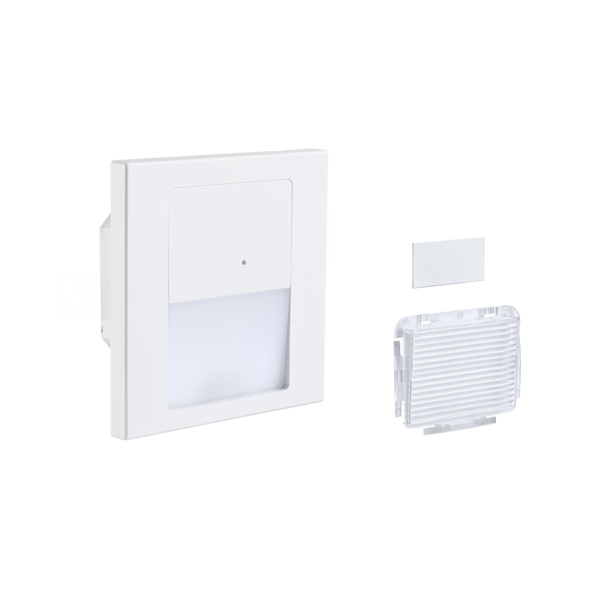 White LED stair light switch made of plastic with separate diffuser and adhesive strip for wall mounting