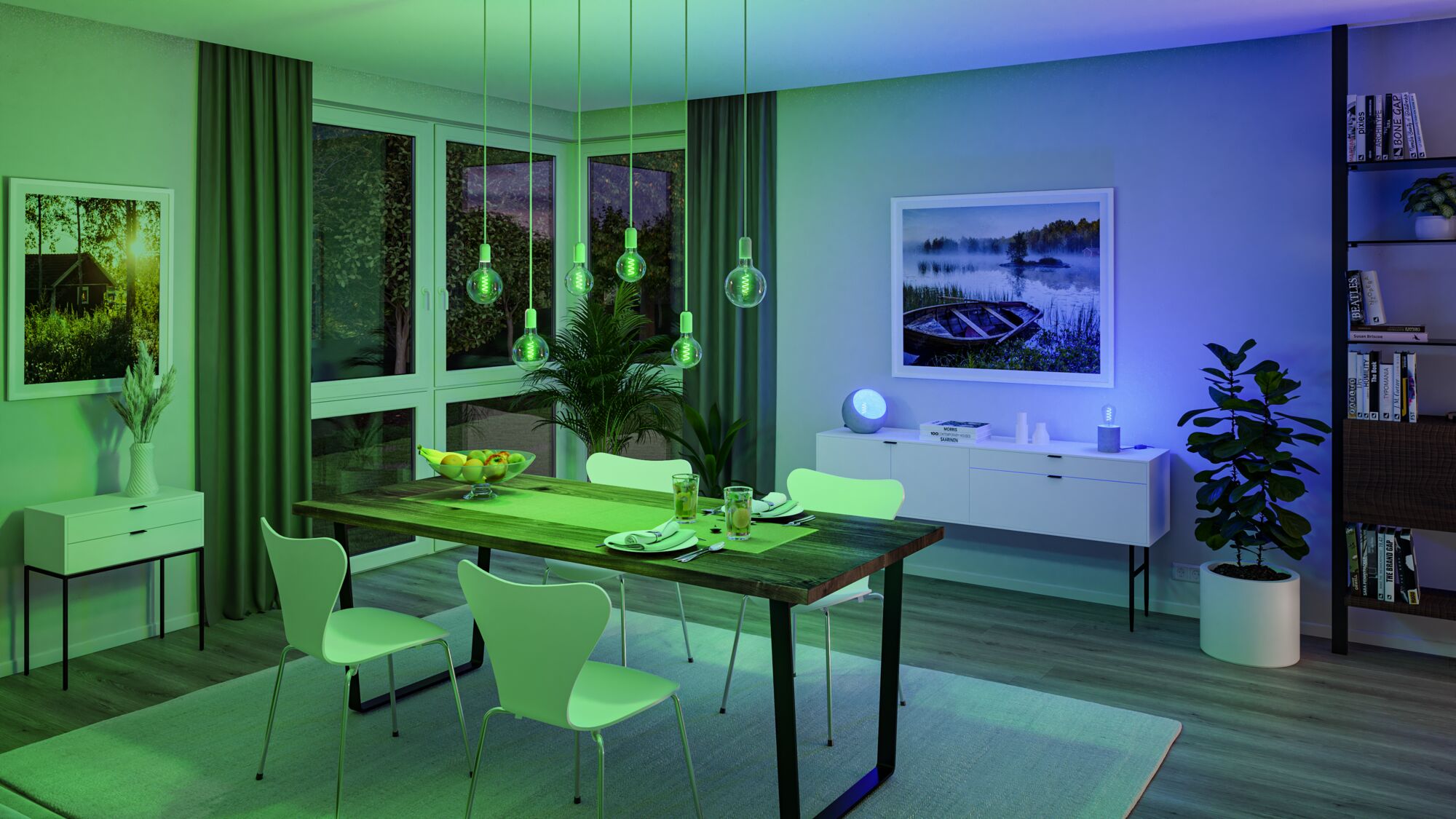 Modern dining room with wooden table, white chairs and green LED pendant lights for ambient lighting
