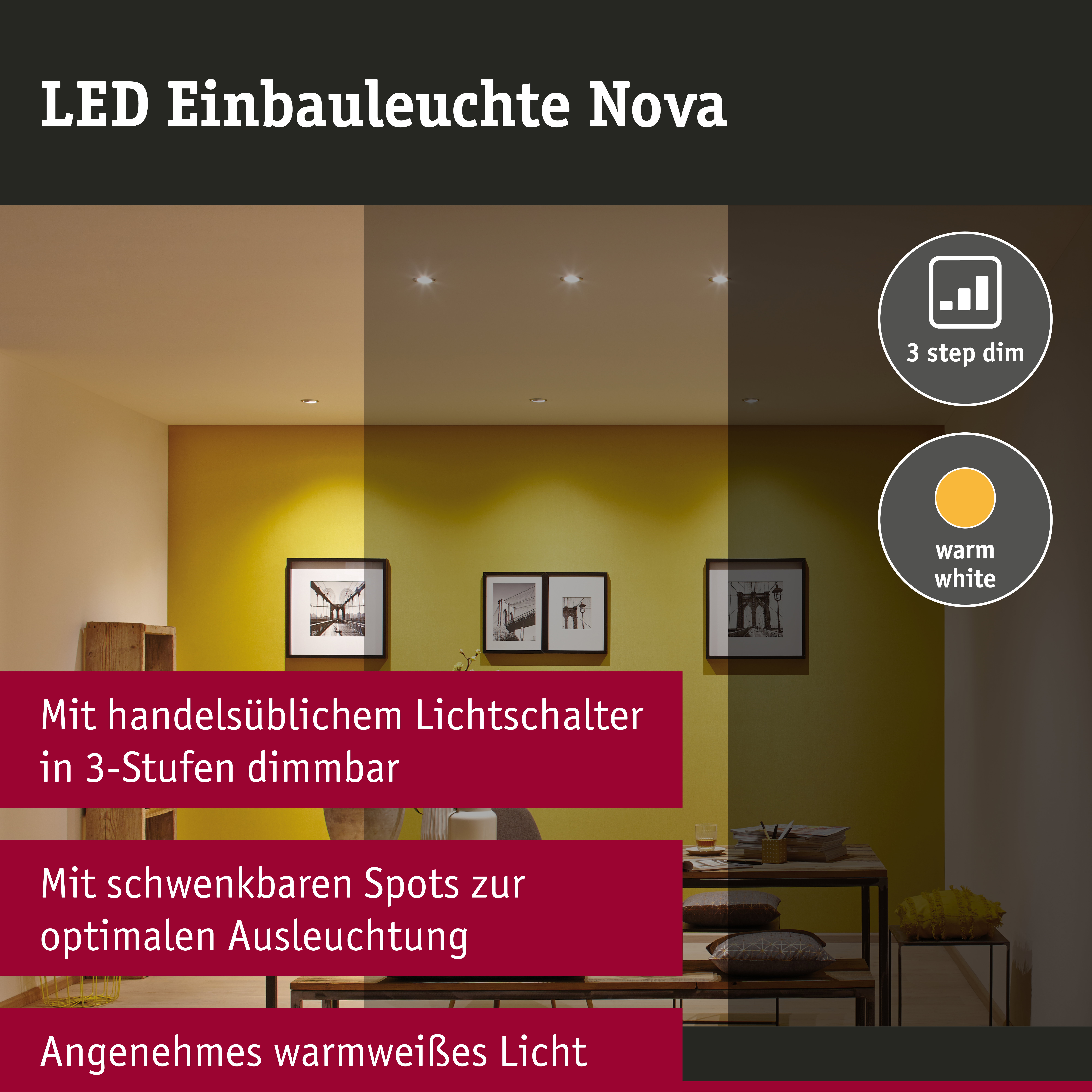 LED Einbauleuchte 3-Step-Dim Nova Coin 3-Step-Dim Basisset schwenkbar rund 84mm 50° Coin 3x6W 3x470lm 230V dimmbar 2700K Alu gedreht