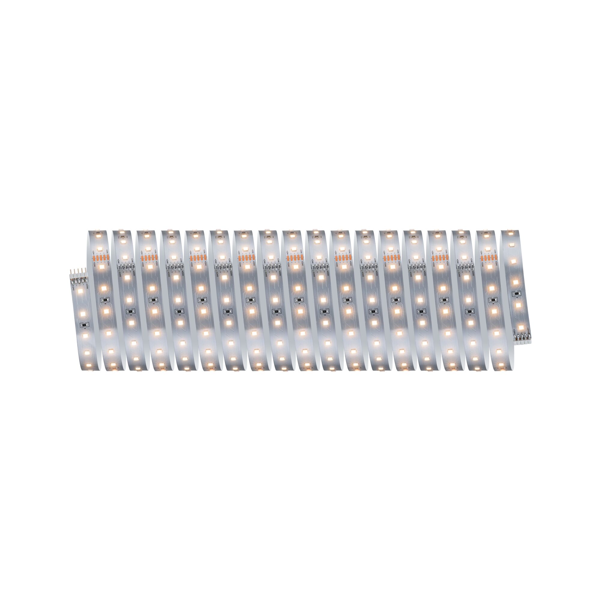 Flexible LED light strip with warm white LEDs on white base for versatile lighting solutions.