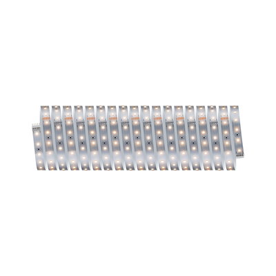 Flexible LED light strip with warm white LEDs on white base for versatile lighting solutions.