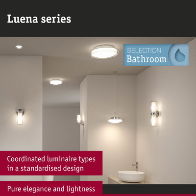 Luena series bathroom lights in chrome with white glass for elegant room lighting