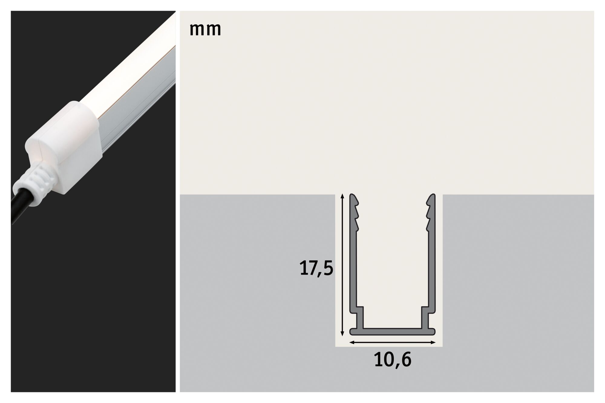 White LED aluminum profile with cover, technical drawing showing 17.5 mm height and 10.6 mm width