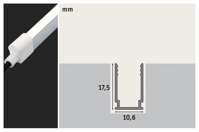 LED-Aluprofil in Weiß mit Abdeckung, technische Zeichnung mit Maßen 17,5 mm Höhe und 10,6 mm Breite