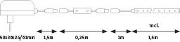 Technical drawing of white LED strip with dimensions and connection cable for lighting systems