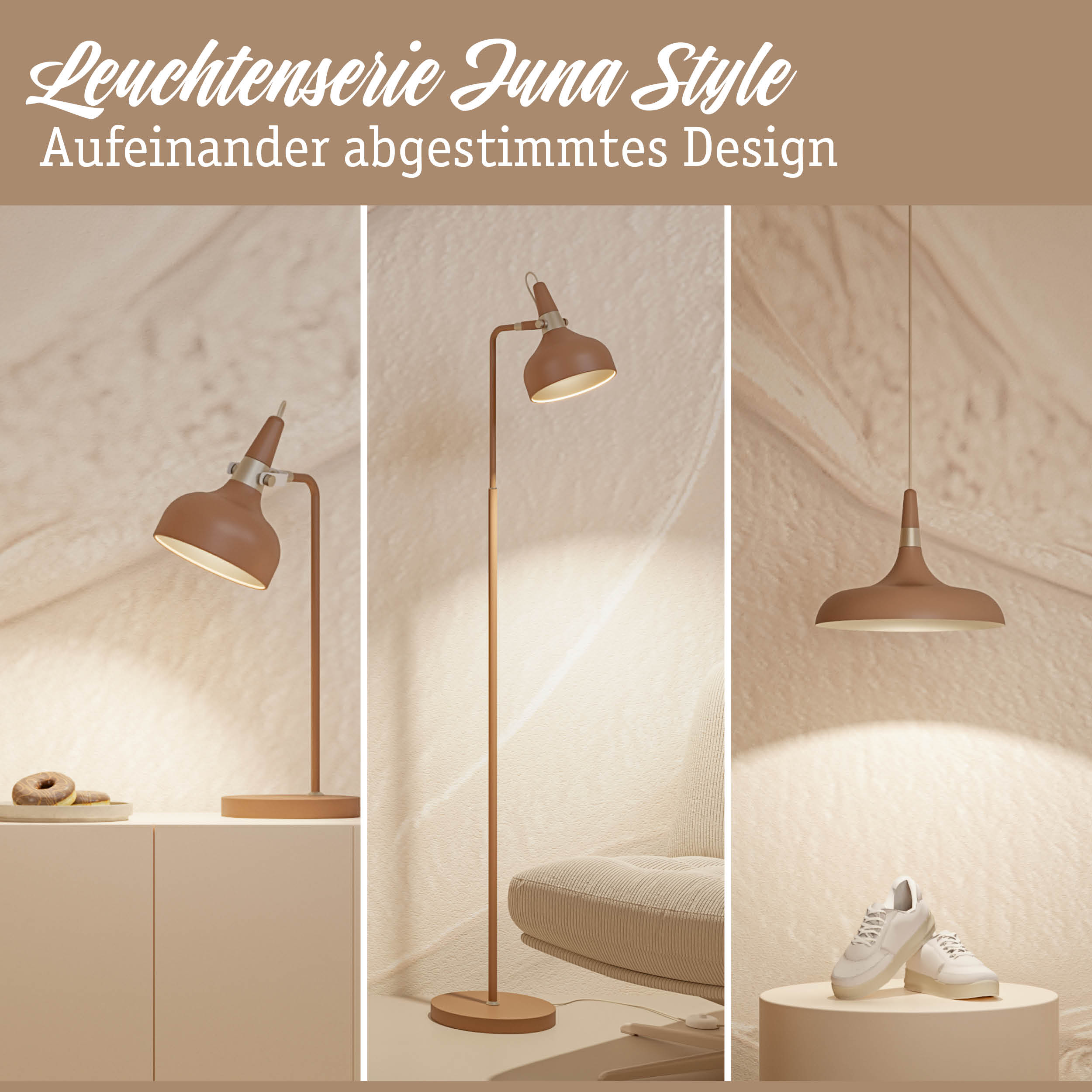 Juna Style Leuchtenserie in Braun mit abgestimmtem Design für moderne Wohnraumbeleuchtung