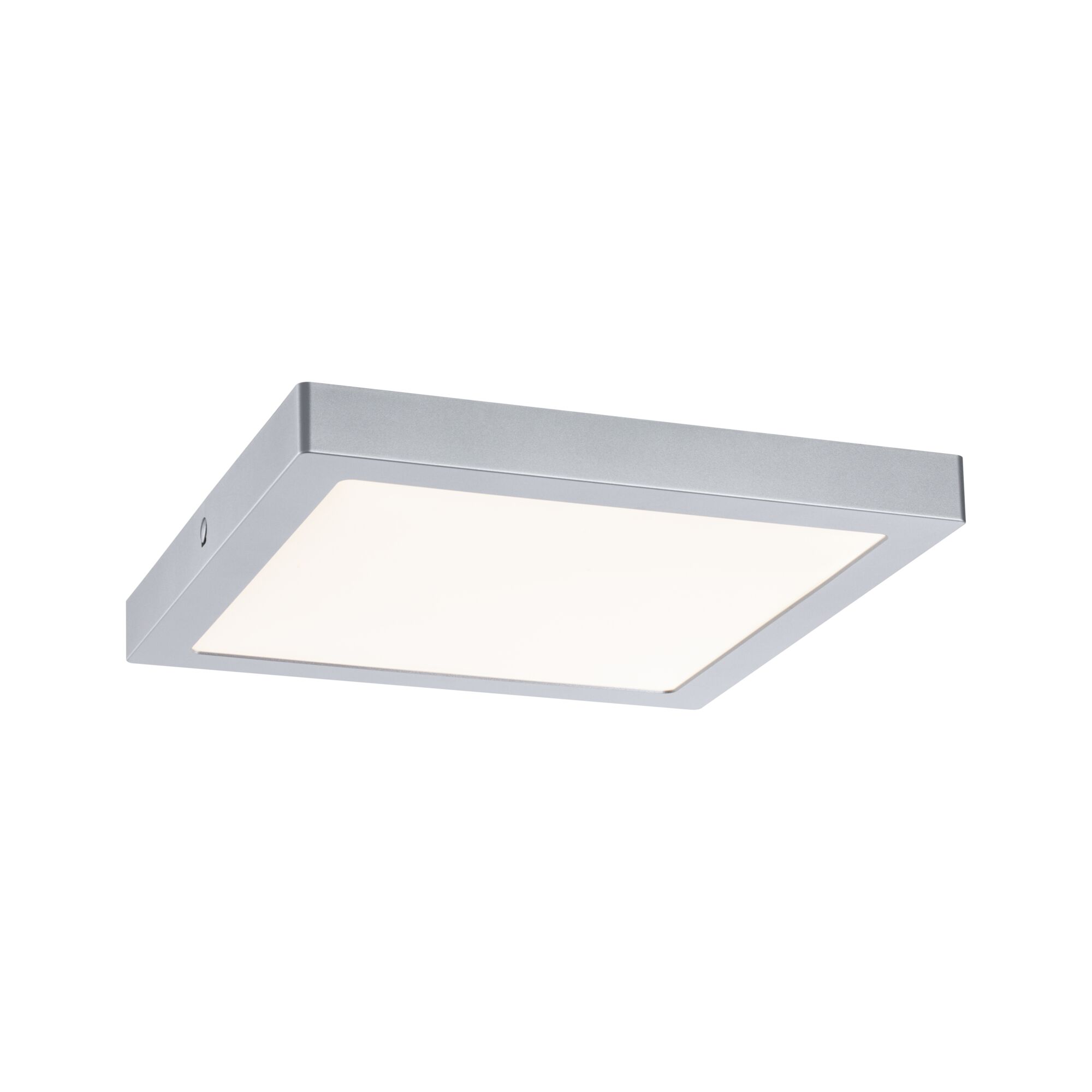 Quadratische Deckenleuchte aus silbernem Metall mit weißem Diffusor für modernes Raumlicht