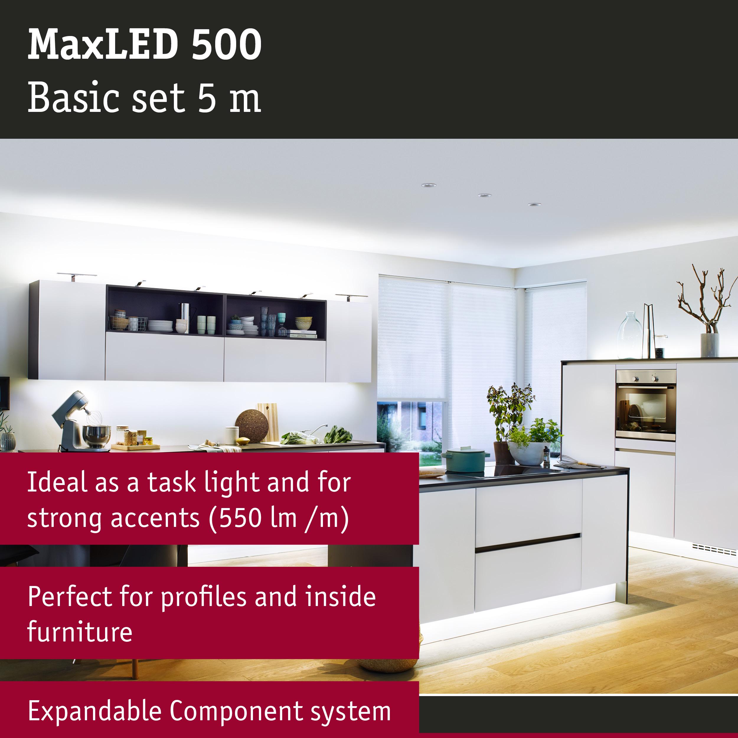 Modern white kitchen illuminated by MaxLED 500 LED strip ideal for task lighting and furniture accents