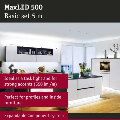Modern white kitchen illuminated by MaxLED 500 LED strip ideal for task lighting and furniture accents