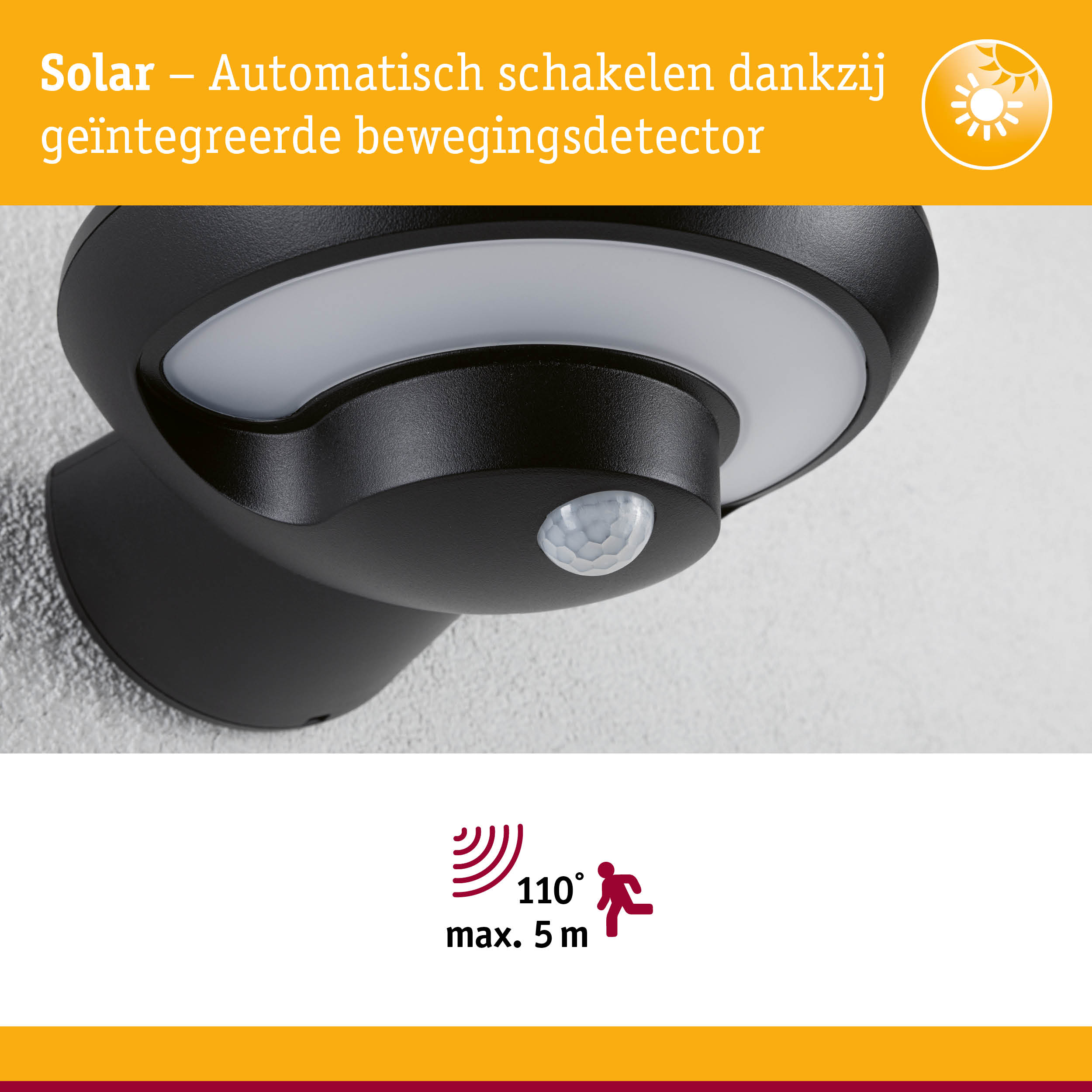 Zwarte solar buitenlamp met geïntegreerde bewegingssensor en detectiehoek van 110° tot 5 meter